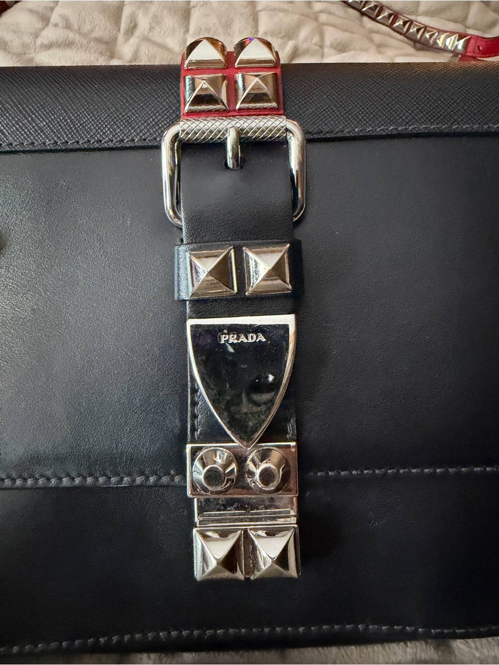Prada Black Leather Crossbody w/Red Leather Silver-Tone Studded Strap & Accents! - Picture 5 of 15